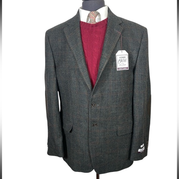 NWT JOS A BANKWOOL FLANNEL WINDOWPANE SPORT COAT 46R ELBOW PATCHES $498.00